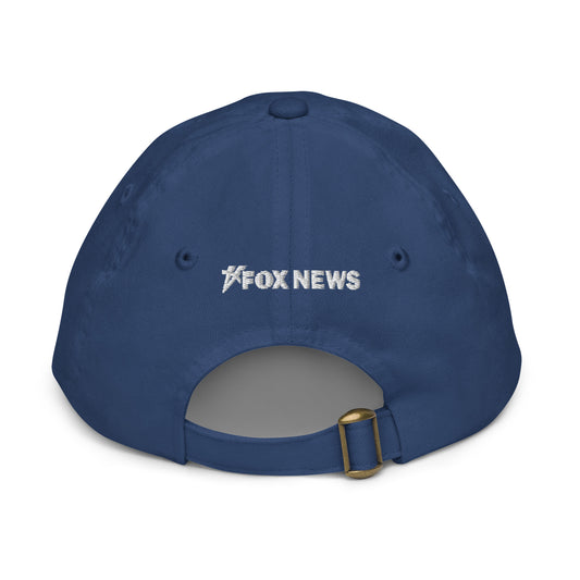 Close-up detail shot of the Proud American embroidery on the navy and red FOX News kids baseball hat.