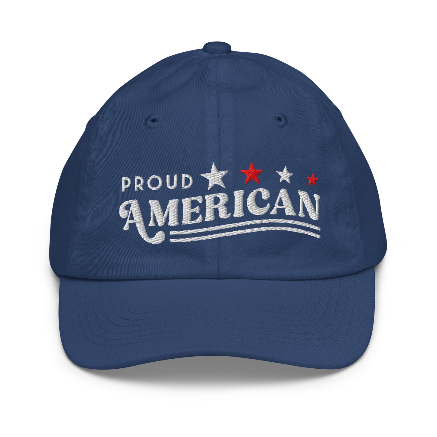 A young child wearing the FOX News Proud American embroidered kids baseball hat in a bright, modern American backyard setting.