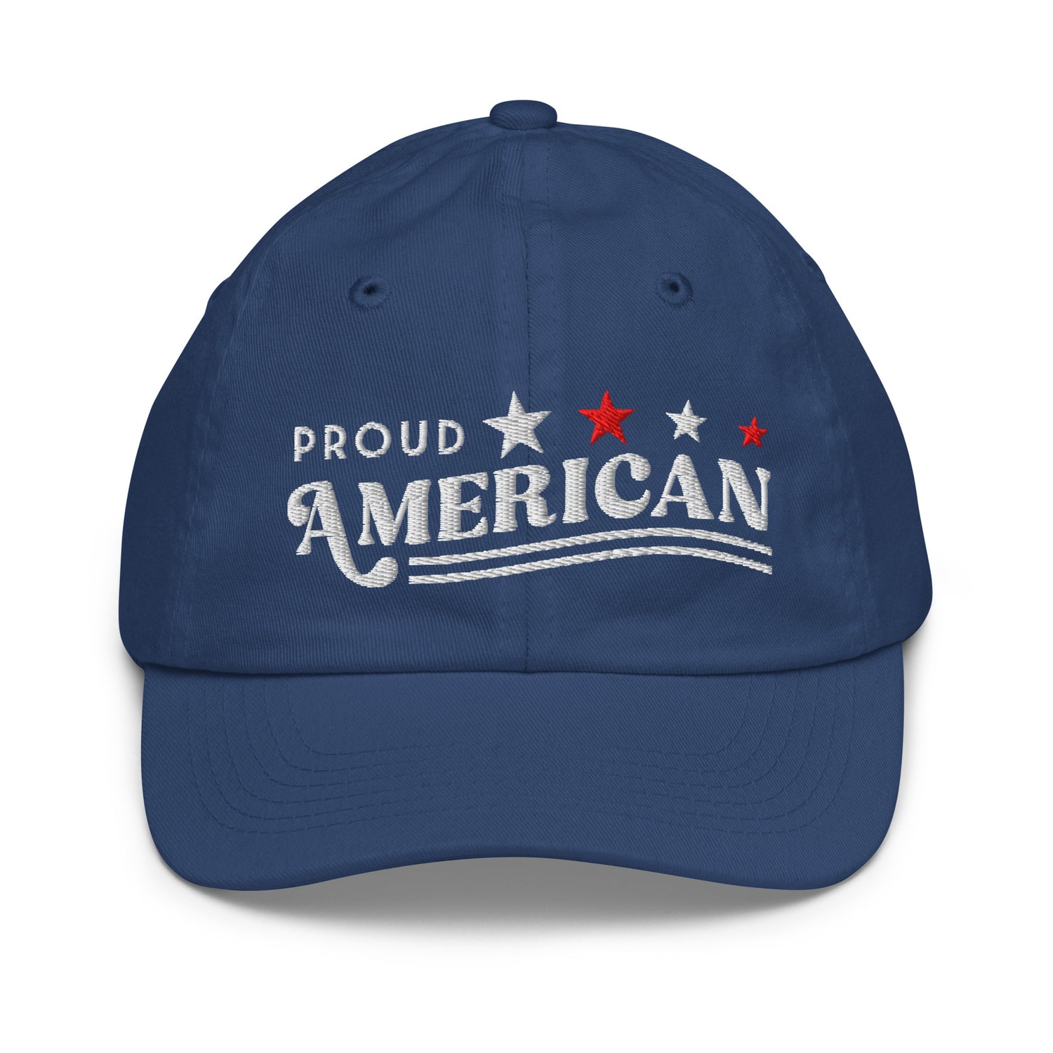 A young child wearing the FOX News Proud American embroidered kids baseball hat in a bright, modern American backyard setting.