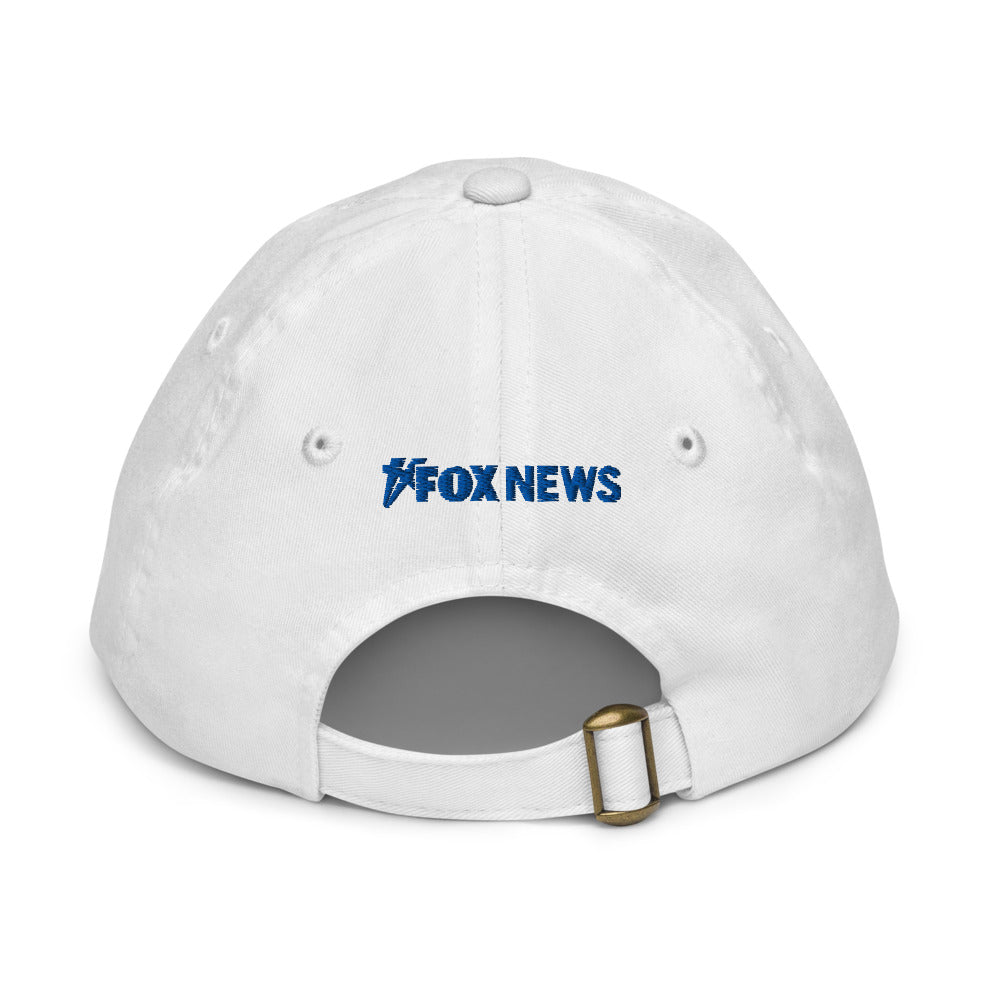 Close-up of the crisp embroidery on the FOX News Proud Little American Kids Hat showing the patriotic design.