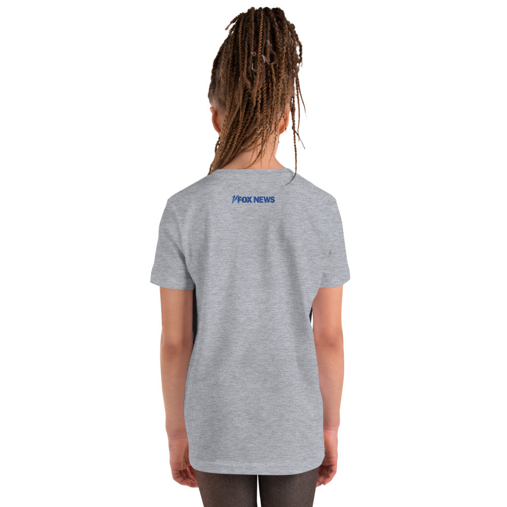 A studio shot of the Athletic Heather FOX News kids shirt showing the durable crewneck collar and short sleeves.