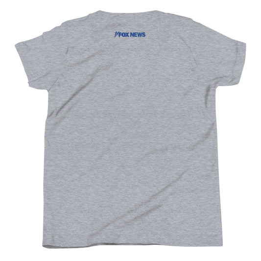 Close-up view of the crisp FOX News Breaking News logo graphic on the front of a white kids t-shirt.