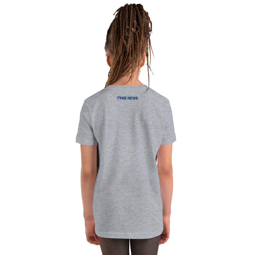Front view of the FOX News Breaking News Kids T-Shirt in White showing the bold red and blue graphic design.