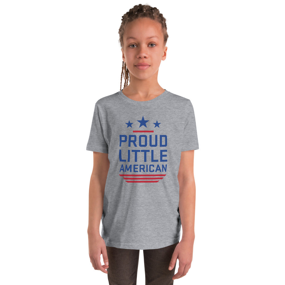Close-up of the FOX News logo and Proud Little American text printed clearly on the chest of the youth tee.