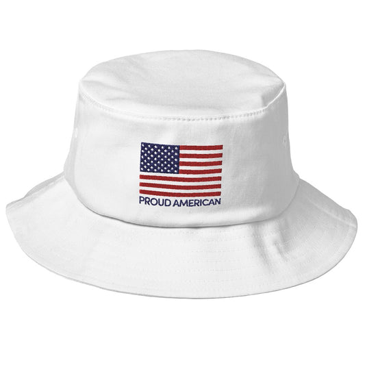 Close-up of the *FOX News* Proud American Embroidered Bucket Hat in white, showing the precise blue and red embroidery on the front.