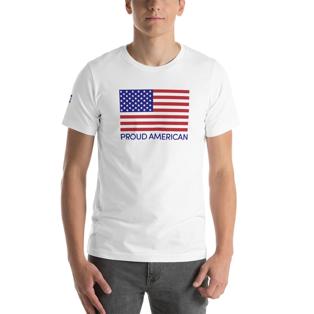 The FOX News Proud American T-Shirt folded neatly on a wooden table in a comfortable living room.
