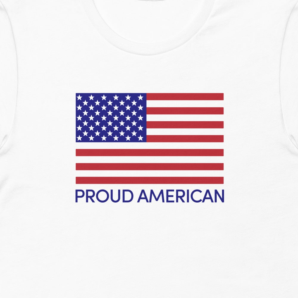 The Proud American graphic and FOX News logo presented clearly on an Athletic Heather crewneck tee.