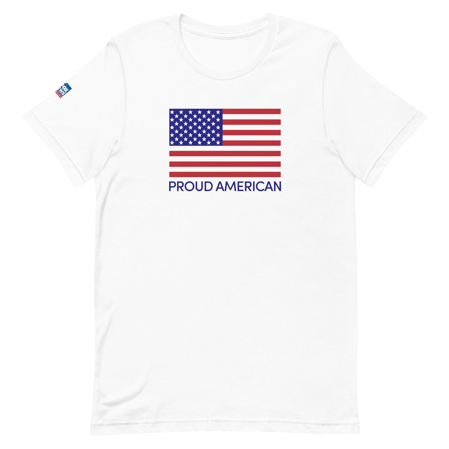 Close-up of the high-quality screen-printed Proud American design on a unisex cotton shirt.