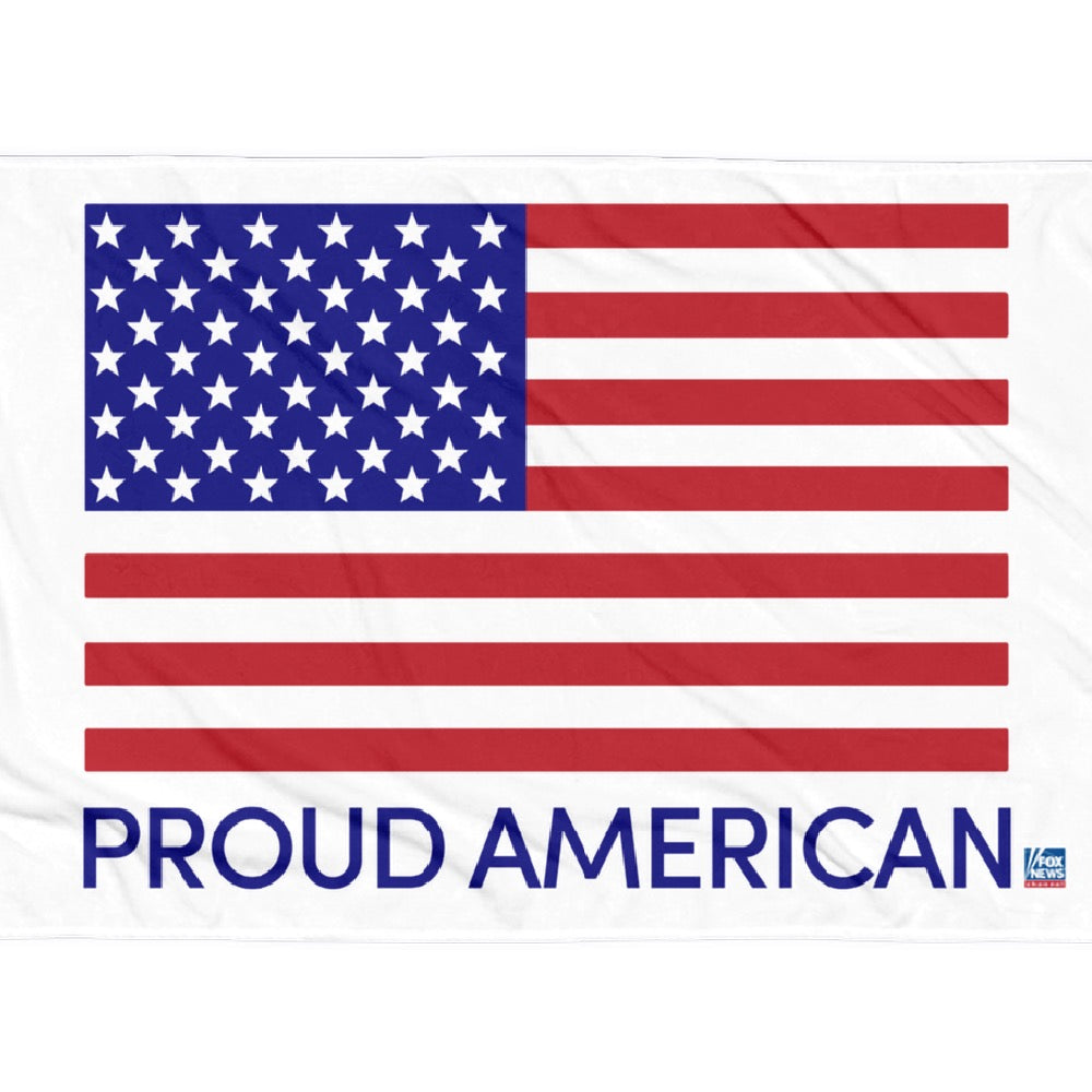A close-up view of the FOX News Proud American Beach Towel, highlighting the detailed sublimated graphic and high-quality stitching.