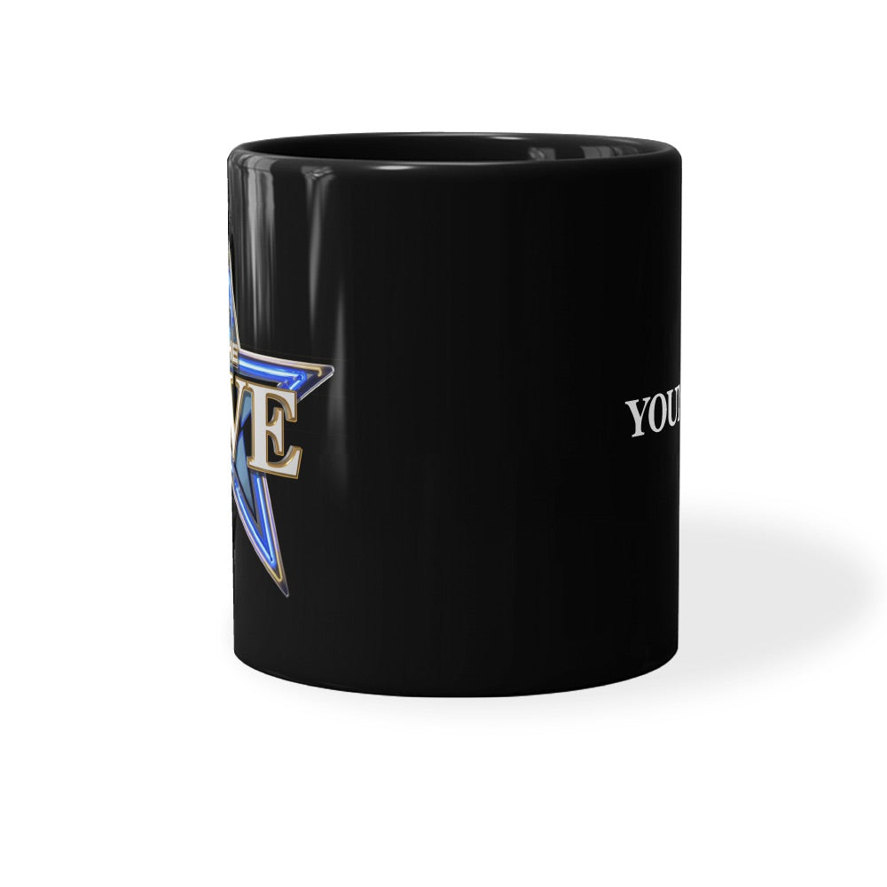 The black ceramic finish of the 11oz *The Five* mug showing the custom name personalization.