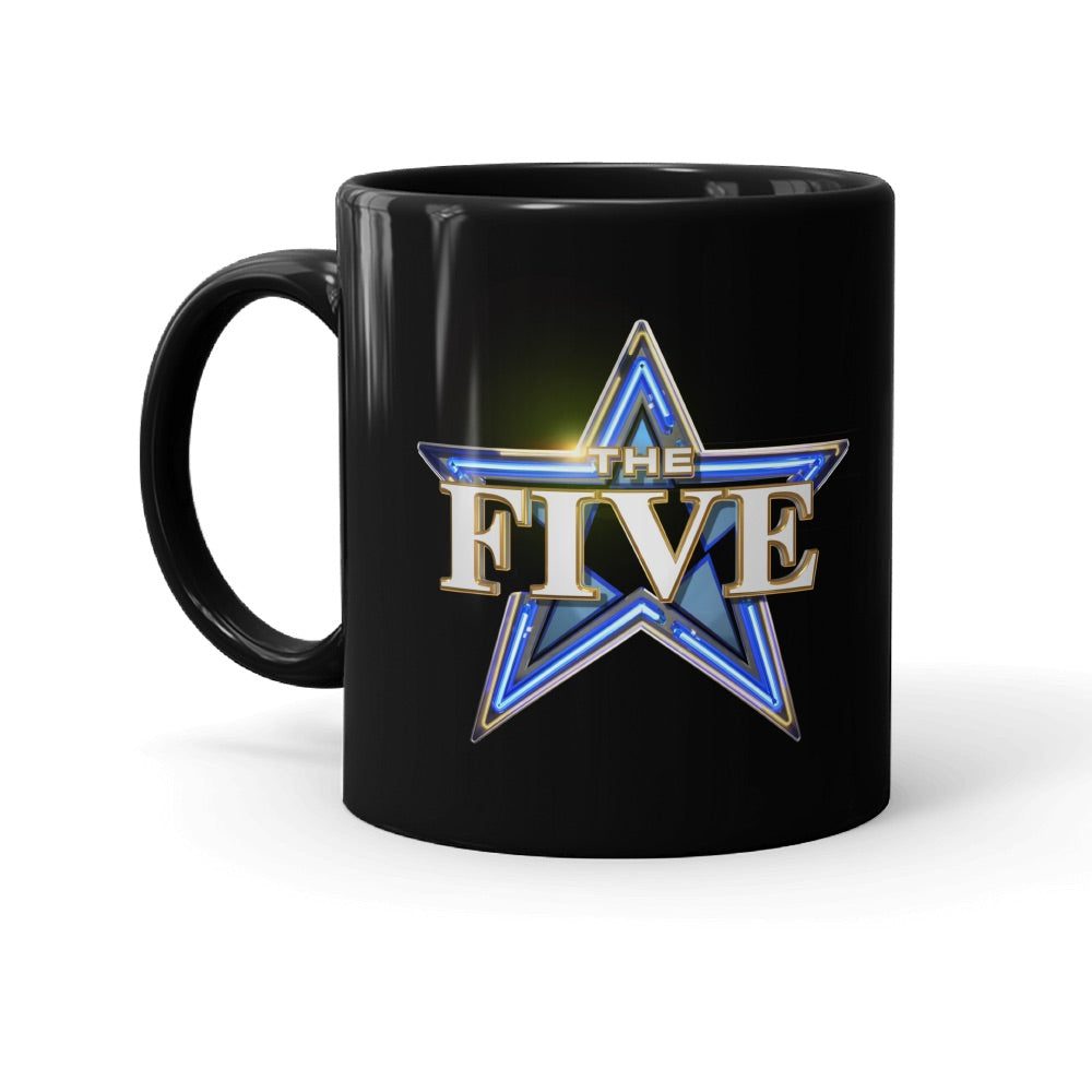 Official *The Five* Logo Personalized Black Mug 11oz shown on a clean kitchen table.