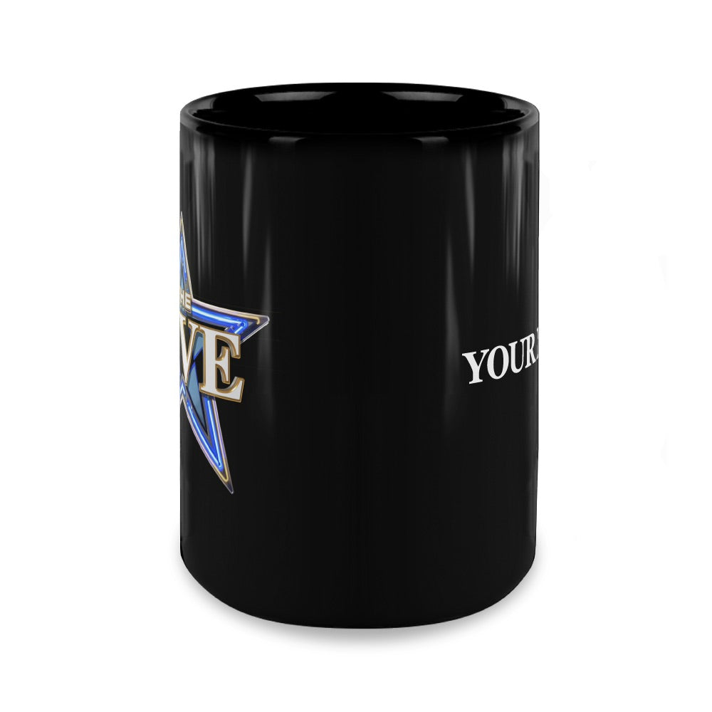Front-facing product shot of the official *The Five* black mug showcasing its comfortable handle and high-gloss finish.