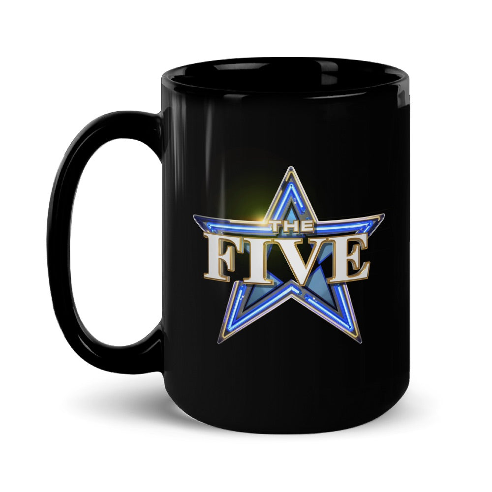 A sleek black 15oz coffee mug featuring the bold logo of *The Five* from FOX News, displayed neatly on a modern American kitchen countertop next to a warm morning coffee setting.
