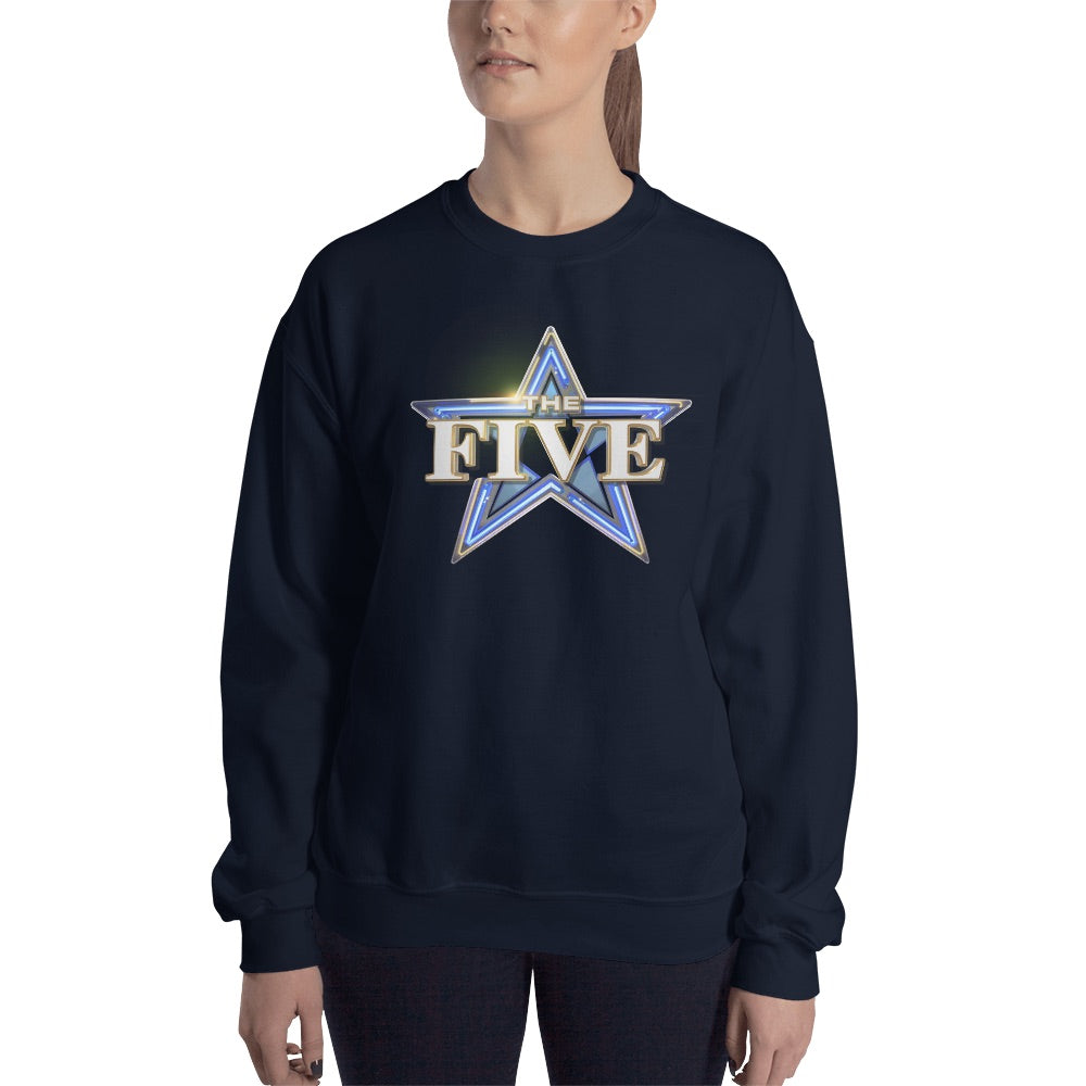 A folded stack of The Five crewneck sweatshirts showcasing available color options like navy and sport grey.