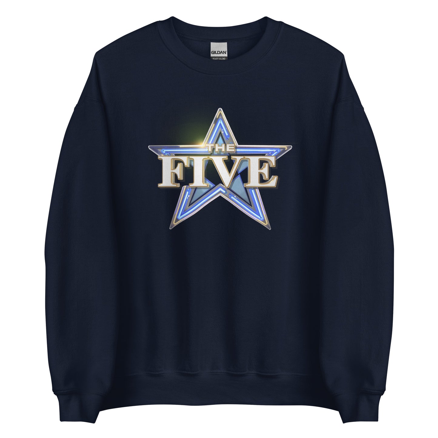 A close-up shot of The Five embroidered or printed logo on the chest of the navy crewneck sweatshirt.