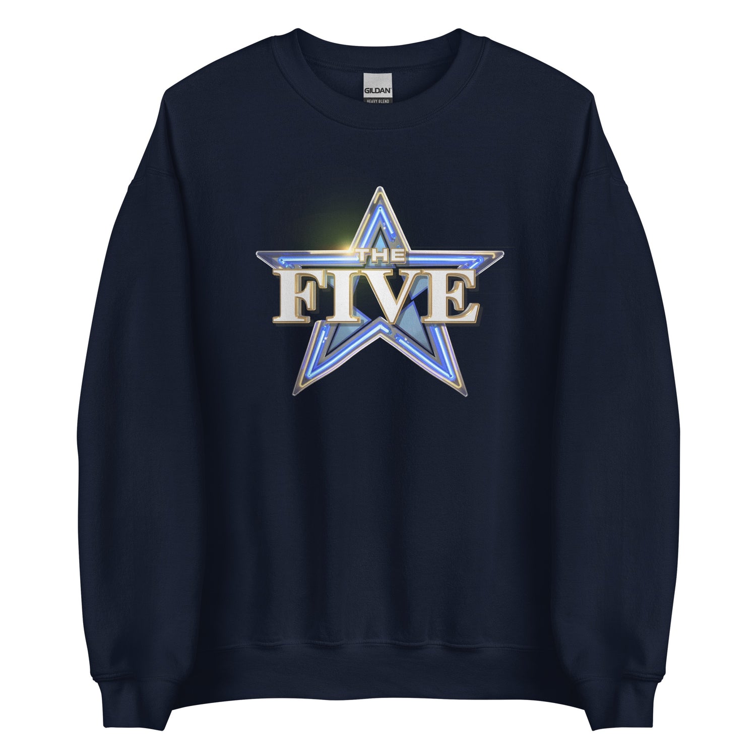 A close-up shot of The Five embroidered or printed logo on the chest of the navy crewneck sweatshirt.