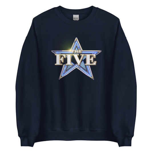A close-up shot of The Five embroidered or printed logo on the chest of the navy crewneck sweatshirt.