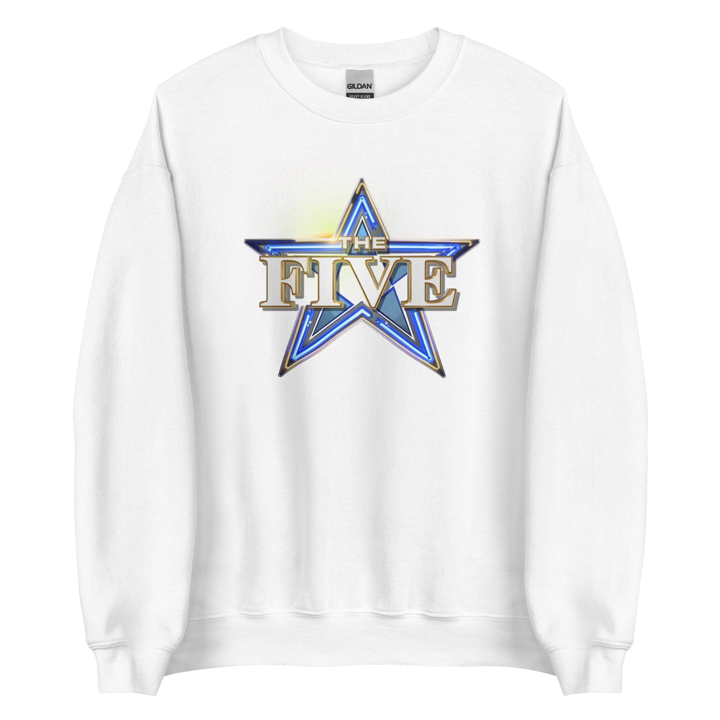 A crisp, frontal view of the FOX News The Five Logo Unisex Crewneck Sweatshirt displayed neatly in a modern American living room.