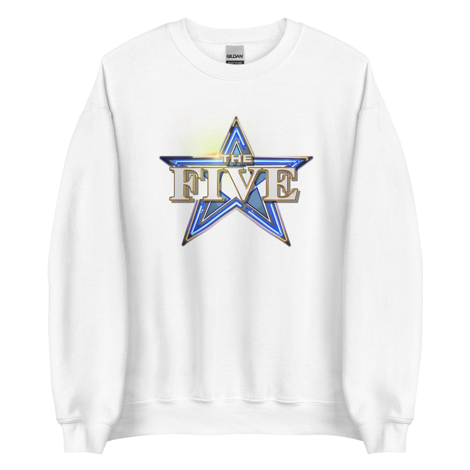 A crisp, frontal view of the FOX News The Five Logo Unisex Crewneck Sweatshirt displayed neatly in a modern American living room.