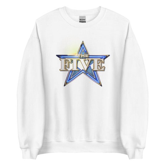 A crisp, frontal view of the FOX News The Five Logo Unisex Crewneck Sweatshirt displayed neatly in a modern American living room.