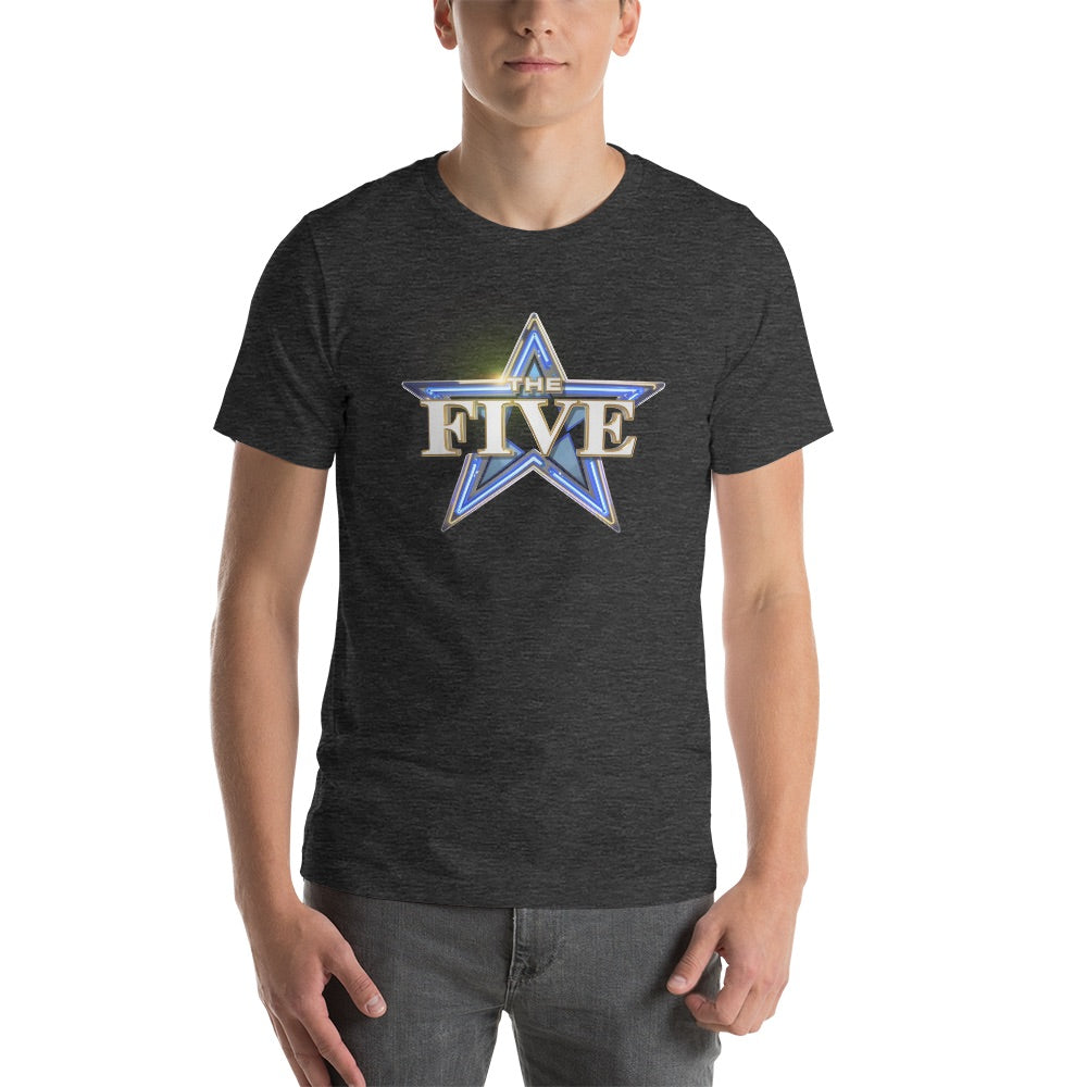 A close-up shot of the crisp white The Five program logo printed prominently across the chest of the Dark Grey Heather t-shirt.