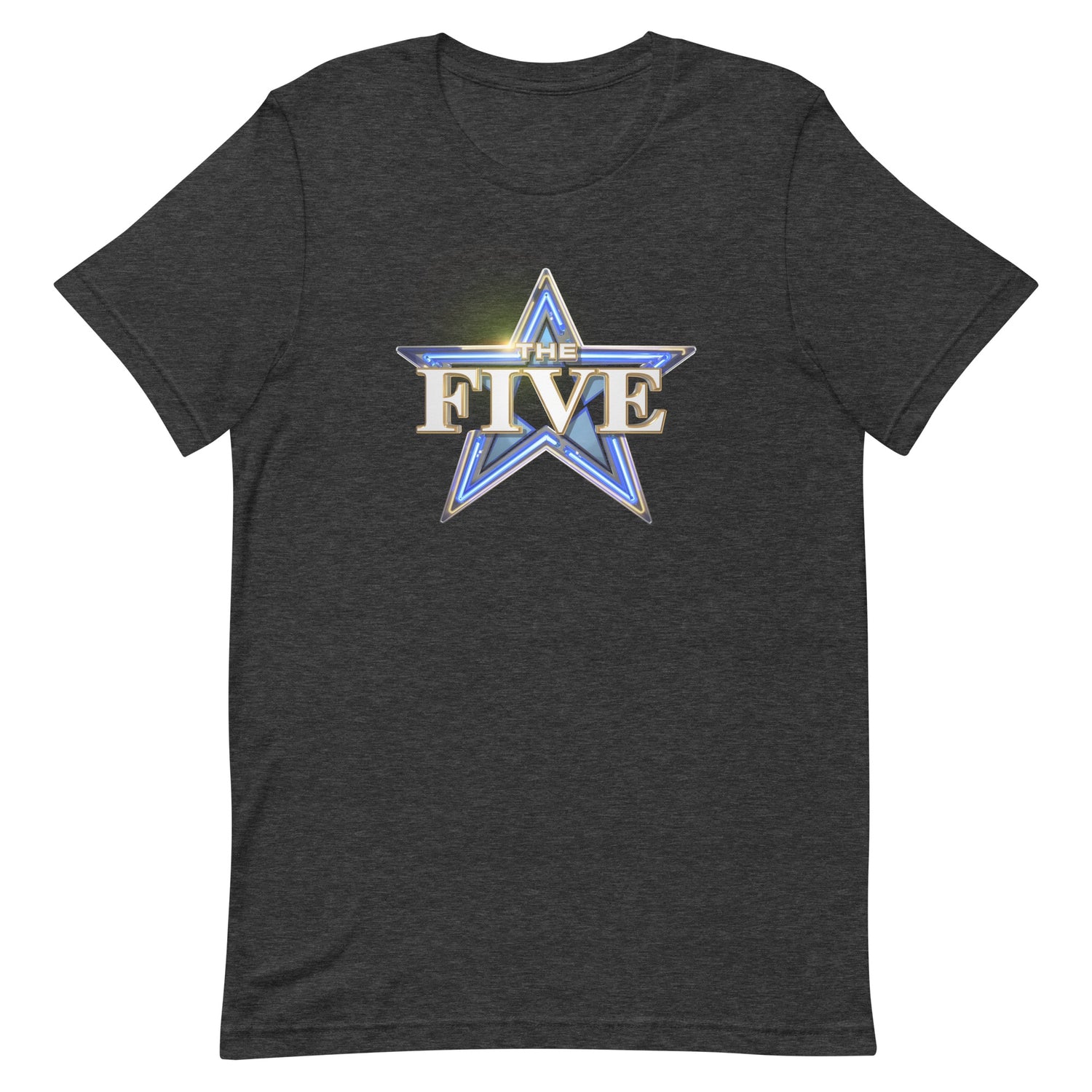 A modern American living room with a neutral-toned sofa, showing a front view of the Dark Grey Heather The Five Logo T-Shirt neatly folded on a coffee table.