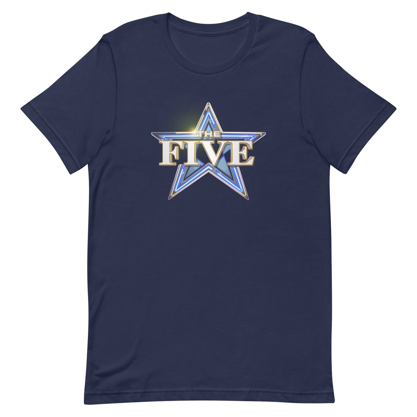 A clean lifestyle product shot of the Navy The Five Logo T-Shirt laid flat on a rustic wooden tabletop next to a steaming mug of coffee.