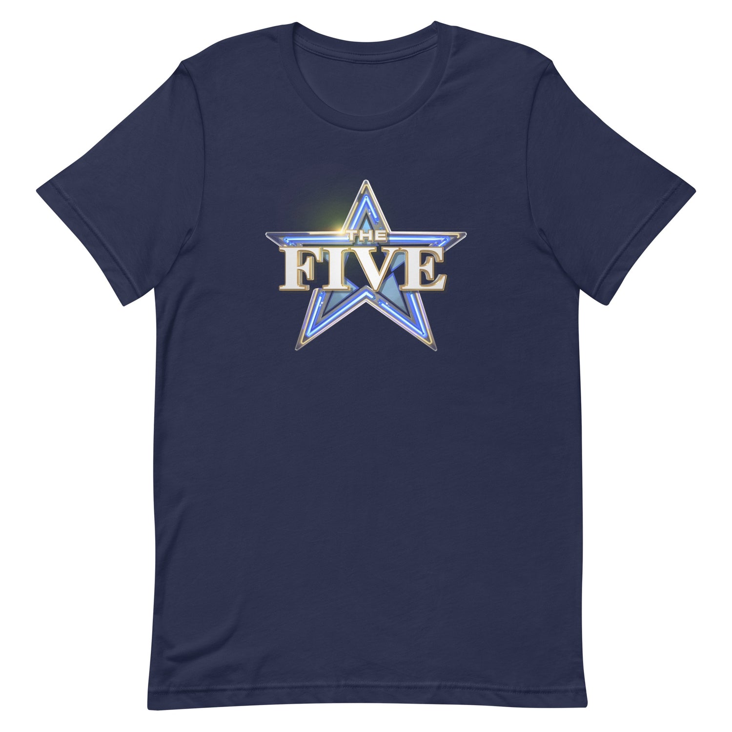 A clean lifestyle product shot of the Navy The Five Logo T-Shirt laid flat on a rustic wooden tabletop next to a steaming mug of coffee.
