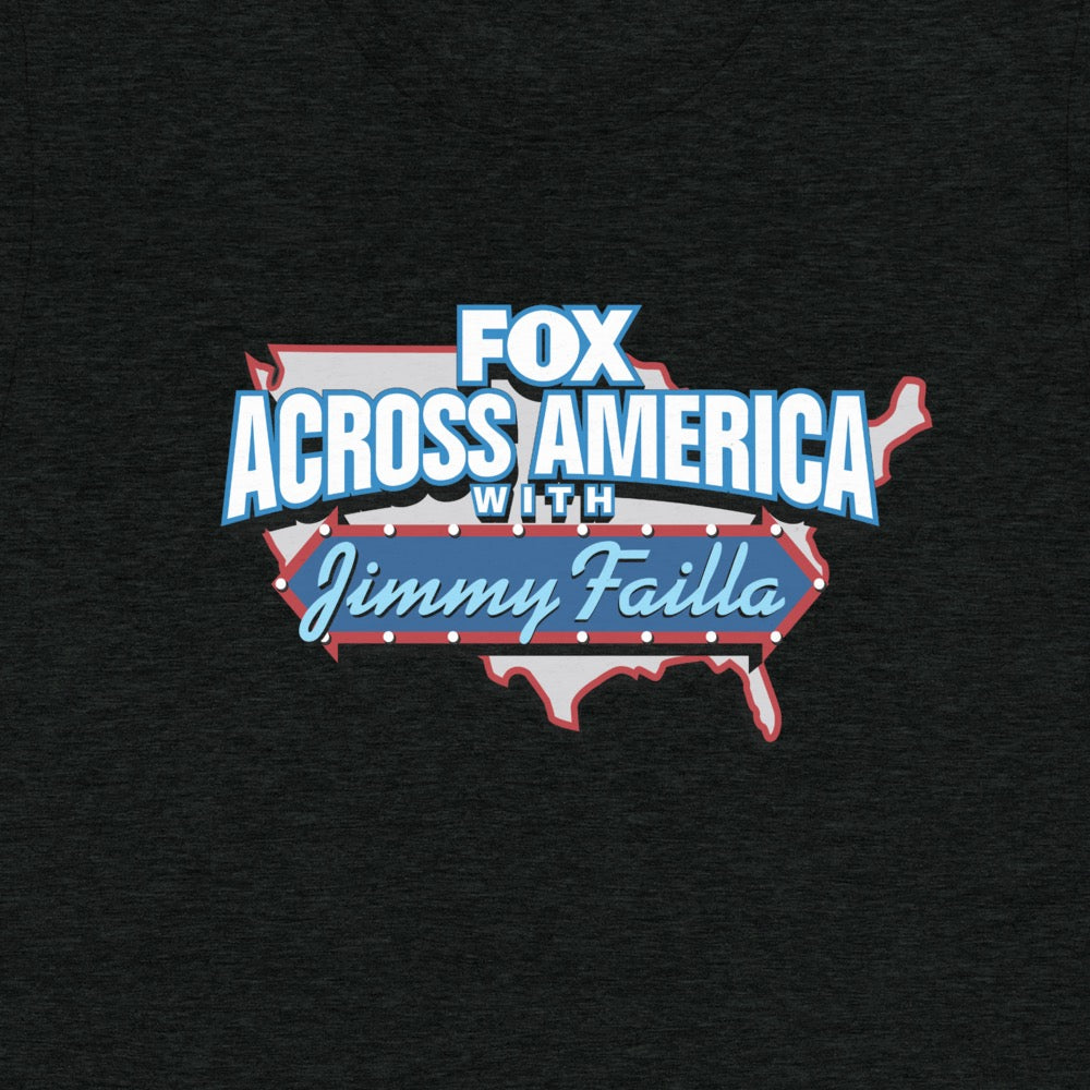 Close-up of the crisp Jimmy Failla FOX Across America logo printed on the chest of a royal blue tri-blend tee.
