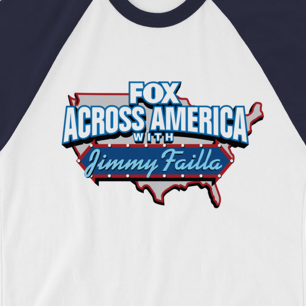 Close-up of the FOX Across America logo and Jimmy Failla's name printed on the chest of a high-quality raglan t-shirt.
