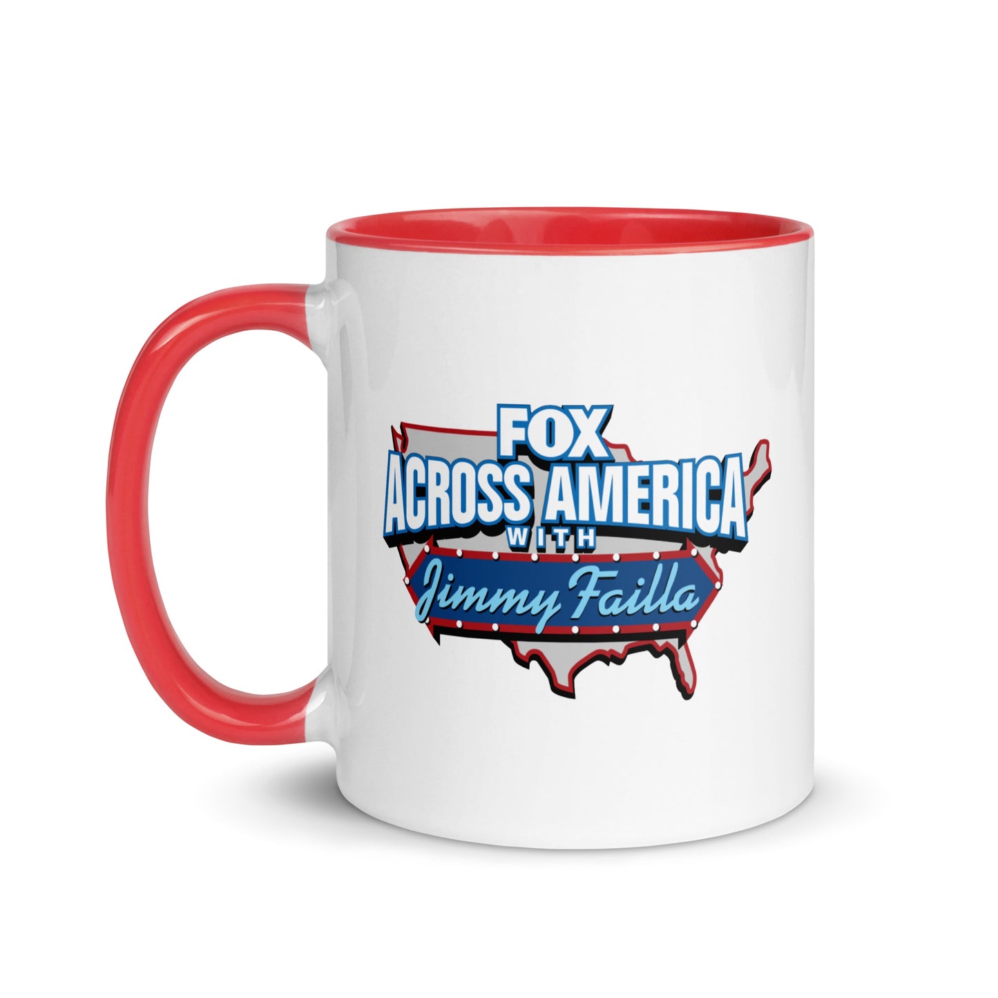 A personalized *FOX Across America* Jimmy Failla two-tone mug with a red interior and handle on a clean American kitchen counter.