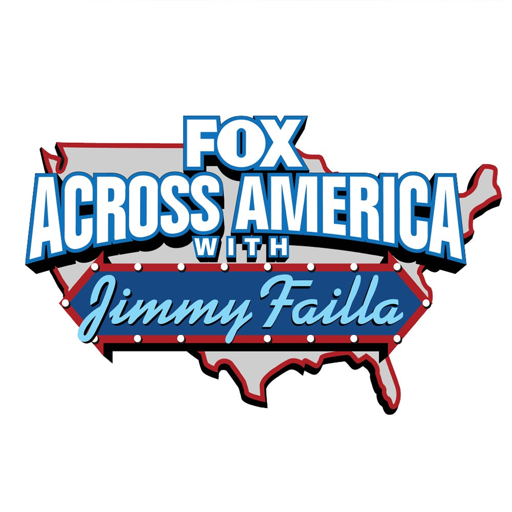 Close-up of the crisp *FOX Across America* logo and Jimmy Failla branding on a white ceramic mug surface.
