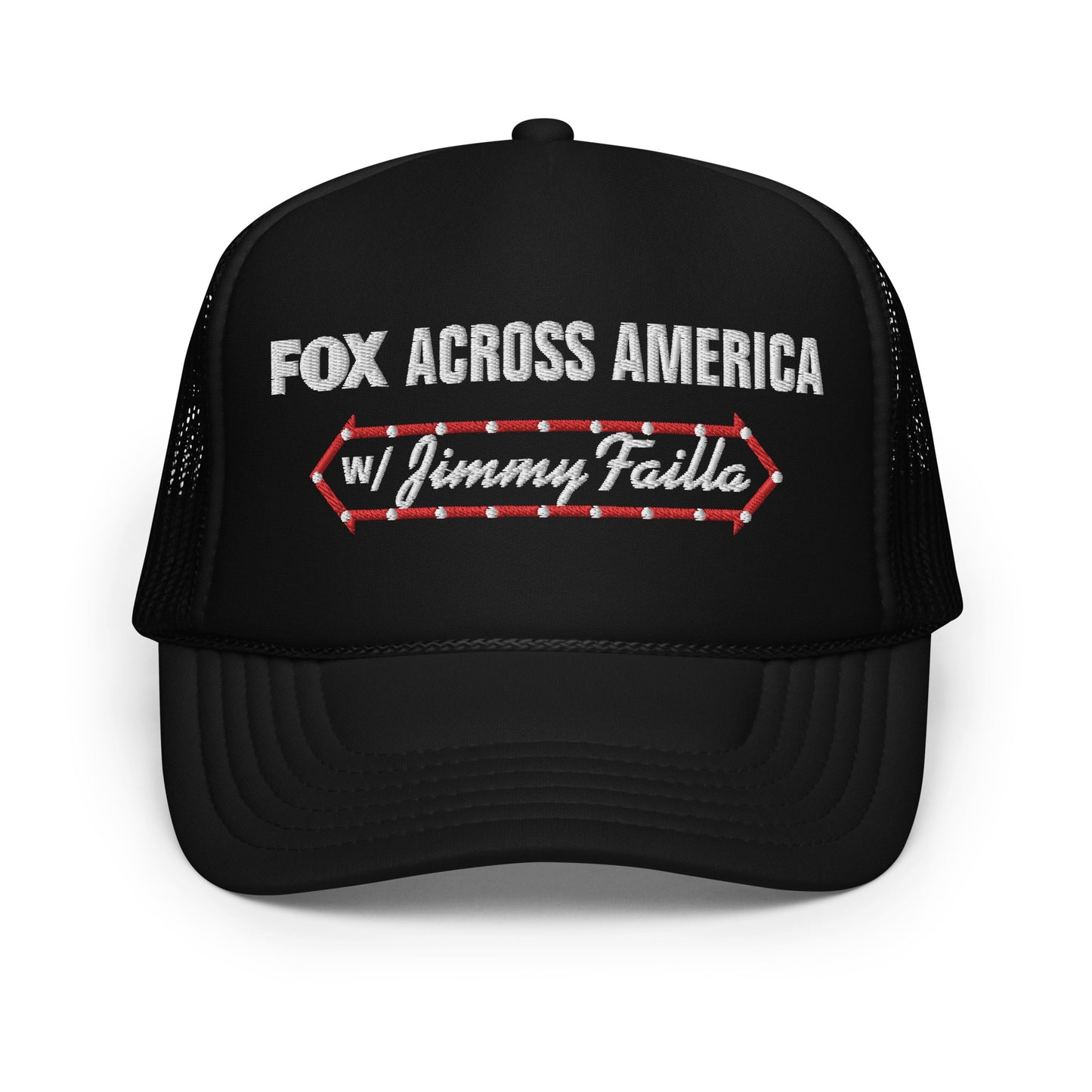 A black FOX Across America with Jimmy Failla Trucker Hat featuring the official show logo on the front panel, displayed in a clean American suburban setting.