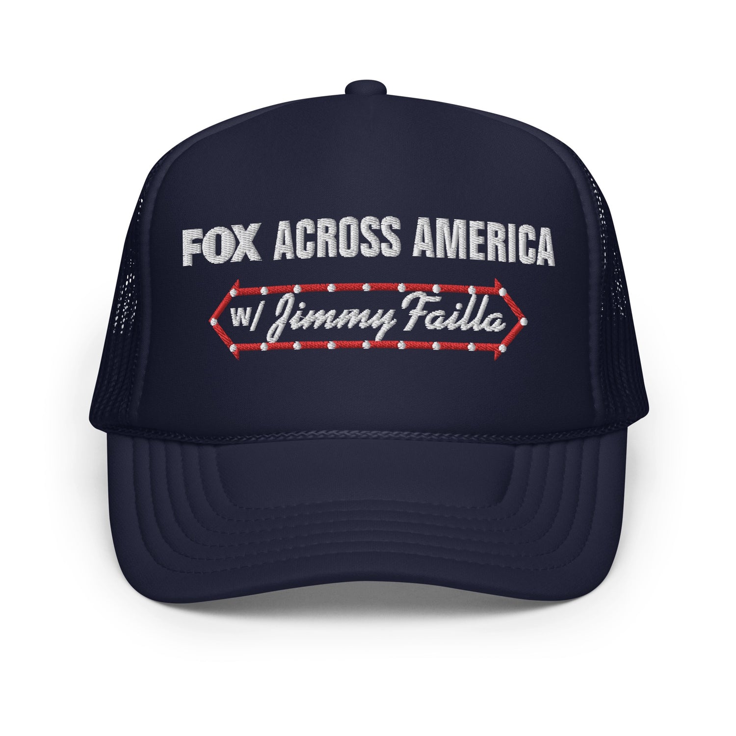 Side view of the black FOX Across America Trucker Hat showing the classic mesh back design and adjustable strap.