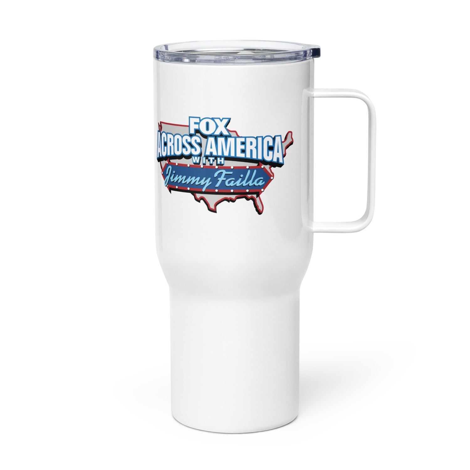 A patriotic viewer holding the *FOX Across America* Jimmy Failla travel mug during a morning commute.