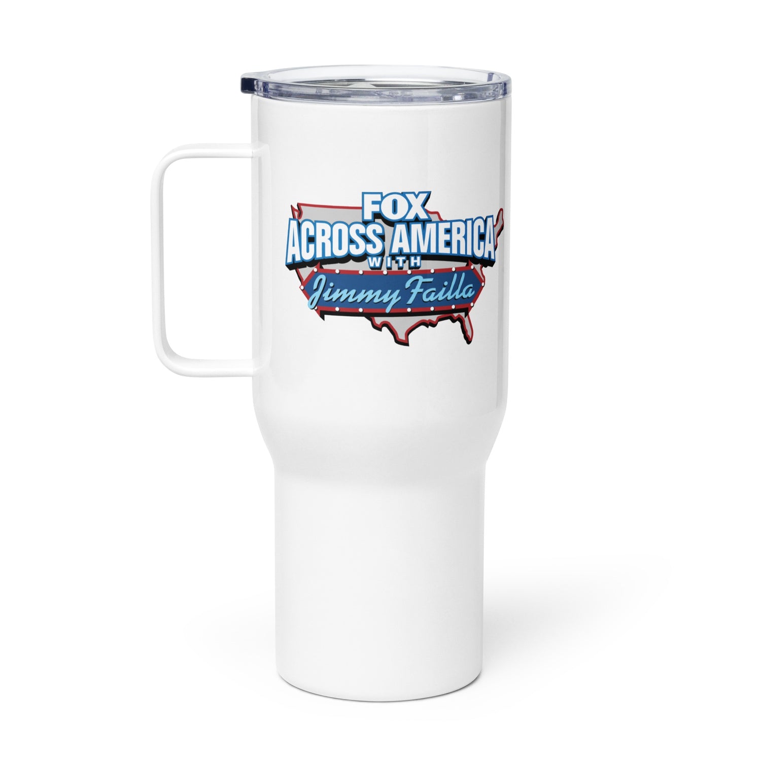 Official *FOX Across America* with Jimmy Failla travel mug with handle on a clean American kitchen counter.