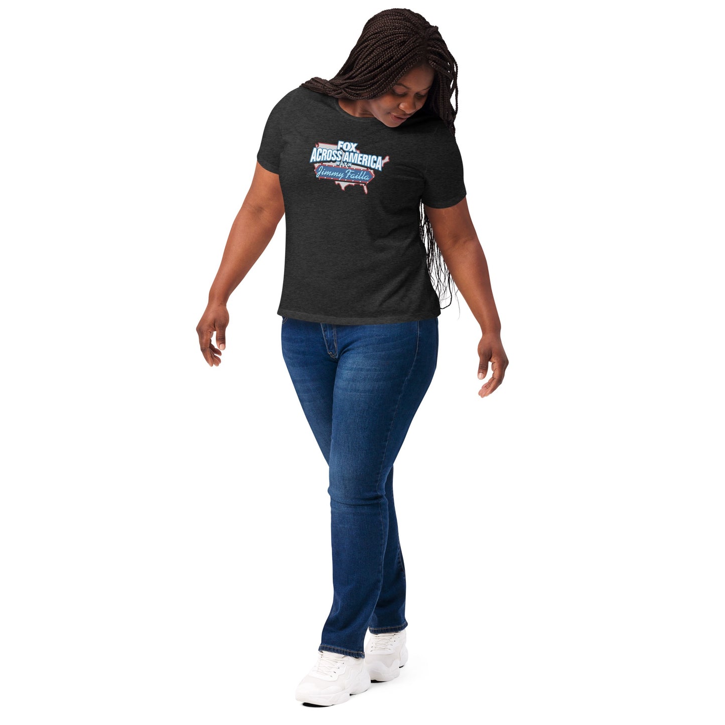Flat lay display of the FOX Across America t-shirt neatly folded on a clean wooden table.