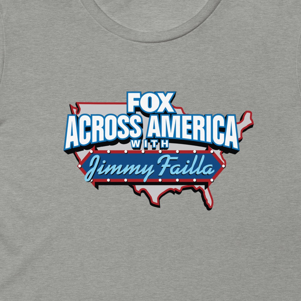 Close-up shot of the FOX Across America graphic and premium tri-blend fabric texture on a neutral surface.