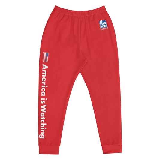 A pair of red FOX News America is Watching joggers displayed in a clean, modern American home setting.