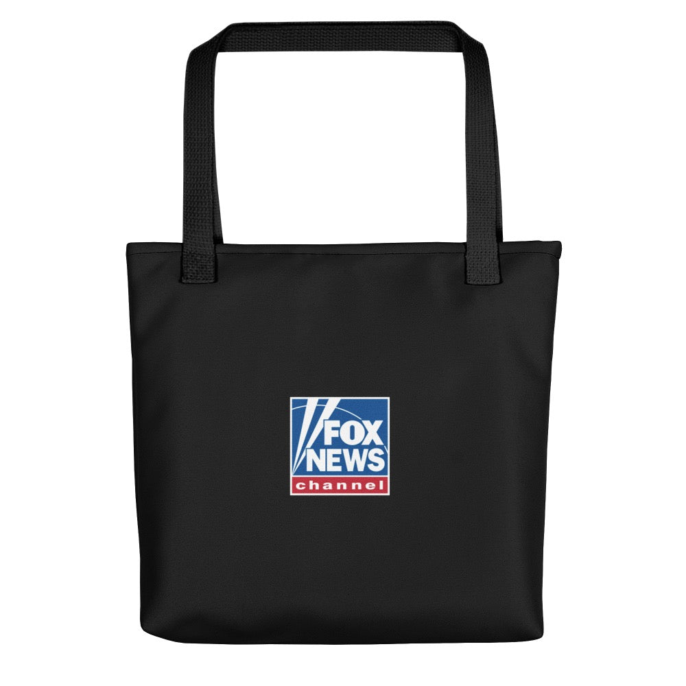 An outdoor lifestyle setting with the FOX News tote bag placed on a patio table during a bright morning coffee routine.