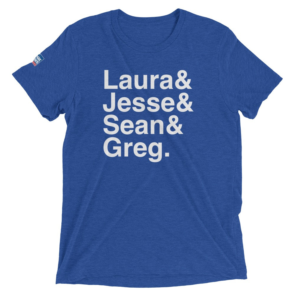 A crisp FOX News Ampersand T-Shirt in True Royal Blue displayed in a clean, sunlit American home setting.