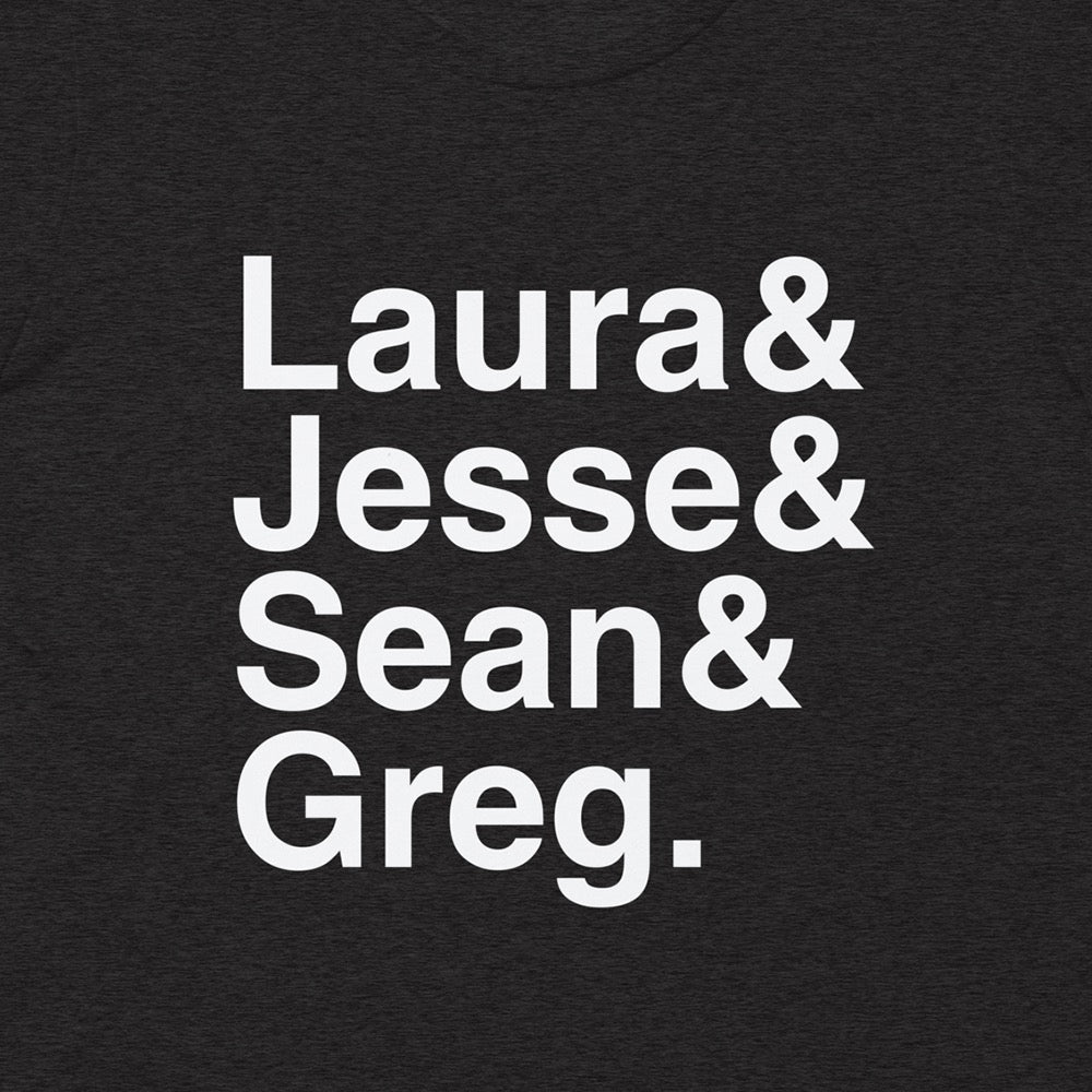 Close-up of the FOX News ampersand design printed on the soft Dark Grey Heather tri-blend fabric of the women's shirt.