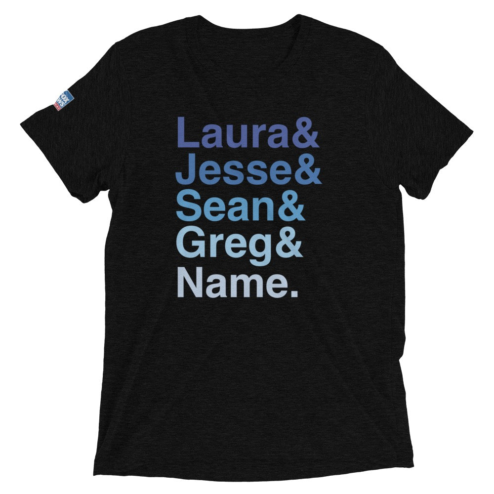 A crisp FOX News Personalized Ampersand Tri-Blend T-Shirt in Solid Black displayed in a clean, modern American home setting.