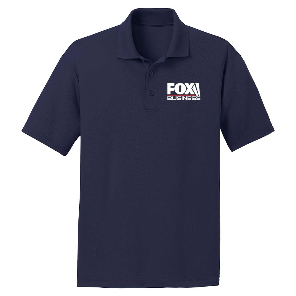 Close-up of the high-quality FOX Business logo embroidery on the chest of a navy polo shirt.