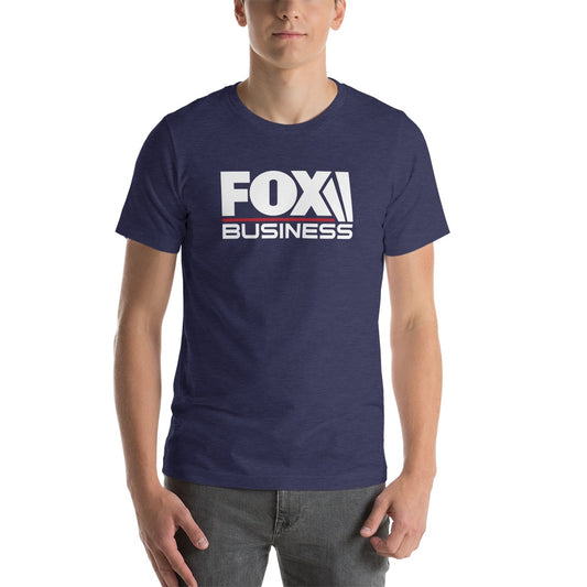 Close-up of the crisp FOX Business logo printed on the chest of a navy blue t-shirt.