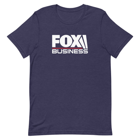 A man in a modern American home wearing the FOX Business Logo Unisex Tee in Athletic Heather.