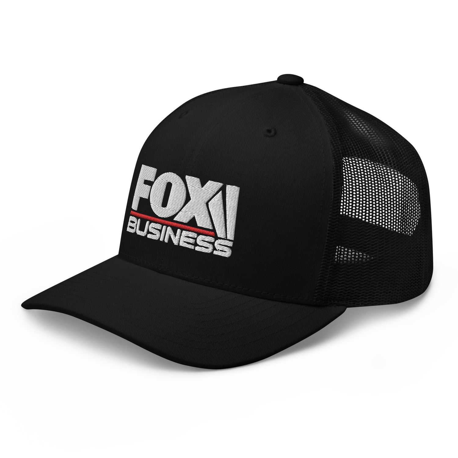 The navy blue FOX Business hat displayed in a clean, suburban American backyard setting with natural lighting.