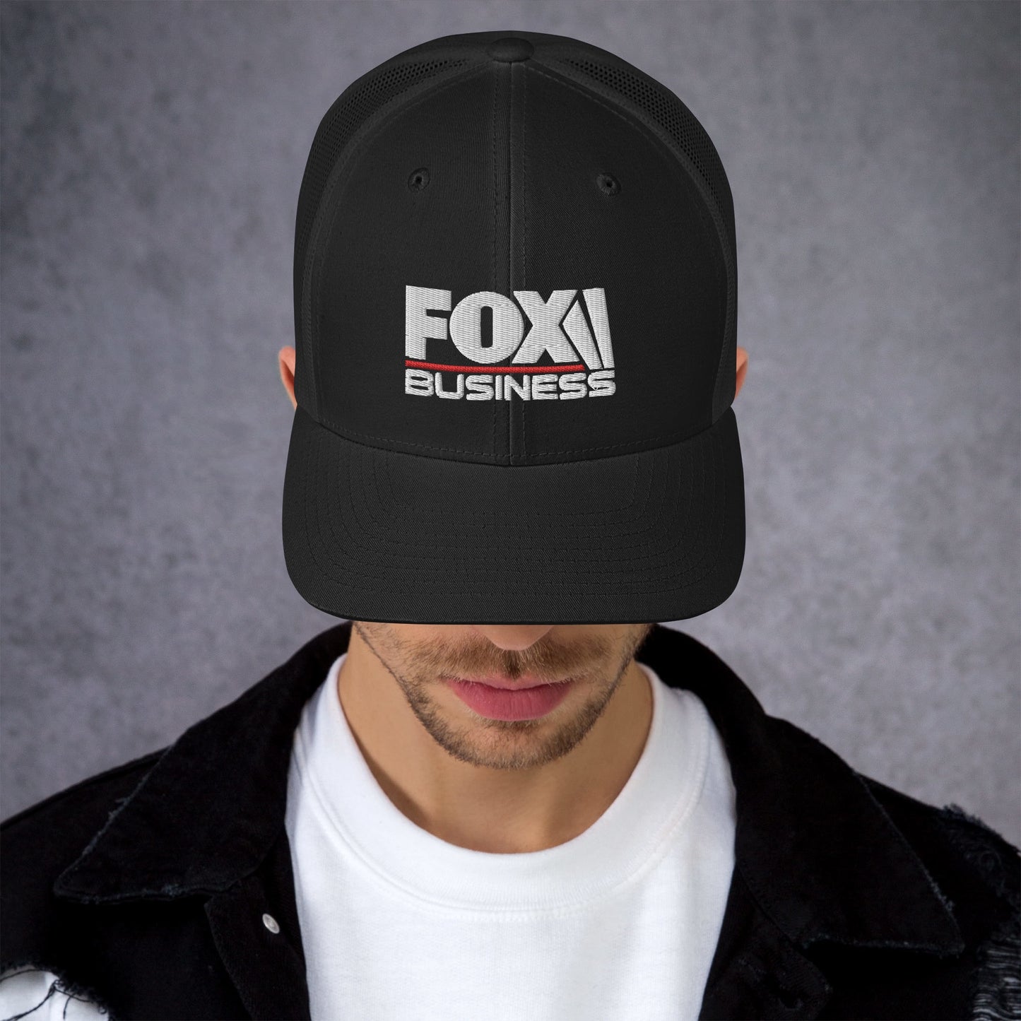A white FOX Business retro trucker hat showing the breathable mesh back and adjustable snap closure from the rear.