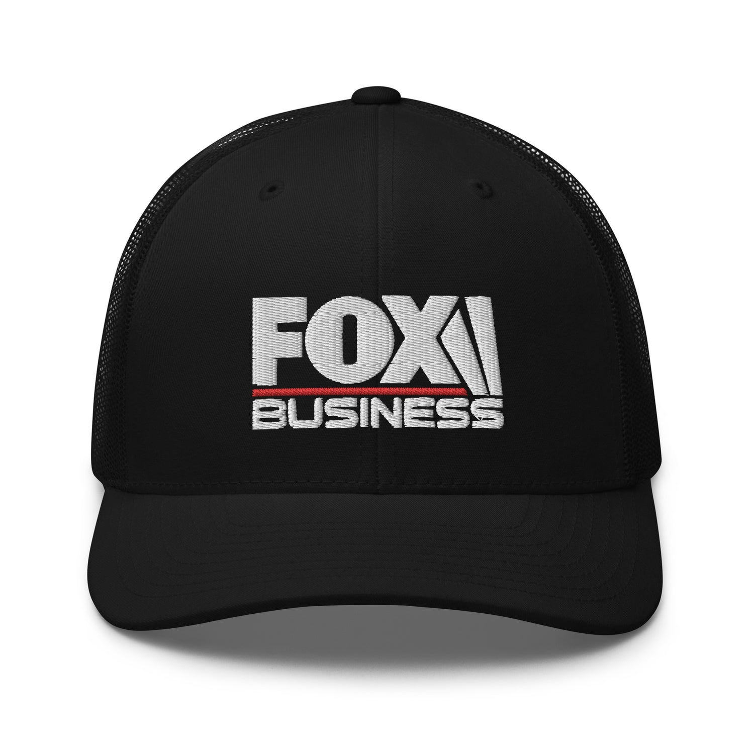 The official FOX Business logo embroidered in high-definition on the front of a black retro trucker hat.