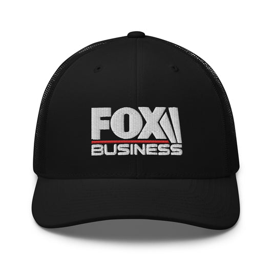 The official FOX Business logo embroidered in high-definition on the front of a black retro trucker hat.